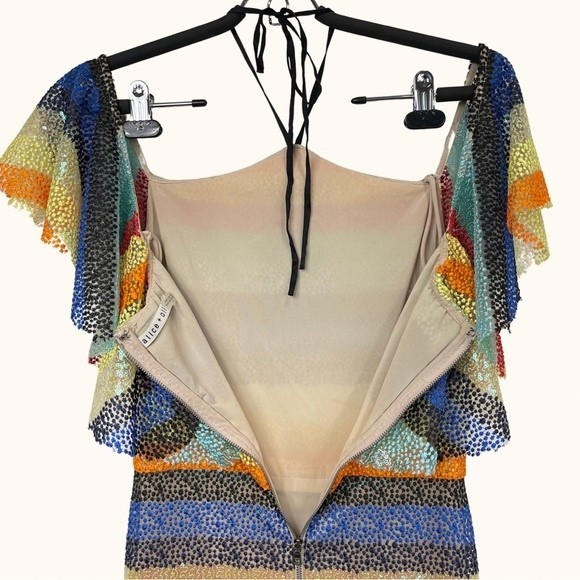 Alice + Olivia | Annabeth Sequin Embroidered Mesh Rainbow Striped Ruffle Dress - Picture 10 of 16